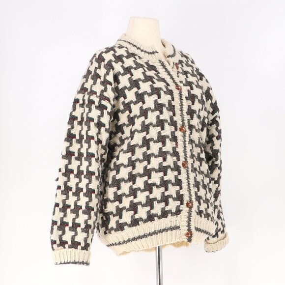 VINTAGE Women's Thick Knit Basketweave Button Front Cardigan Sweater Cream Brown - Picture 2 of 7